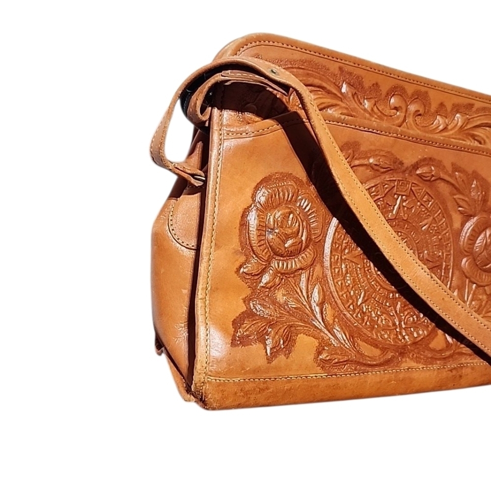 Vintage Mont-Abur Mexican Tooled Leather Purse Aztec Embriodered - Picture 3 of 8